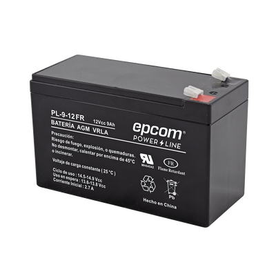 Batería 12 Vcc / 9 Ah / UL / Tecnología AGM-VRLA / Retardante a la flama / Para uso en equipo electrónico Alarmas de intrusión / Incendio/ Control de acceso / Video Vigilancia / Terminales tipo F1 / Cargador recomendado CHR-80. | PL-9-12FR