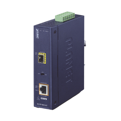 Convertidor de Medios PoE Industrial, Puerto SFP 1000BASE-SX/LX a Puerto RJ45 Gigabit con Salida PoE 802.3at (Hasta 30 W). | IGTP-805AT