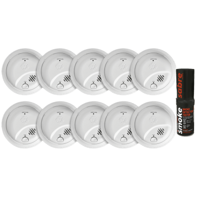 Kit de 10 Detectores de Humo Autónomos FIRST ALERT por Ionización / Alarma 85 dB / Botón Prueba y Silencio / Probador SABRE SDI | 1046832KSABRE