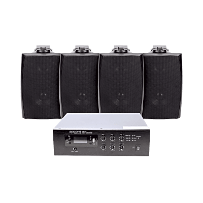 KIT de Amplificador de 240W para Escritorio | 4 Altavoces de Pared color Negro 2.5W - 20W | Sistema 70/100V | SFB240/4WS