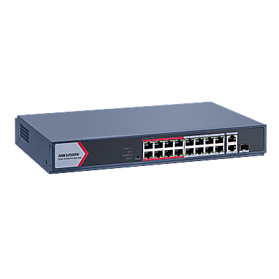 Switch PoE+ / Monitoreable / 16 Puertos 10/100 Mbps PoE+ / 2 Puertos 1000 Mbps Uplink / 1 Puerto SFP Uplink / Modo Extendido hasta 300 Metros / 130 W | DS-3E1318P-EI/M