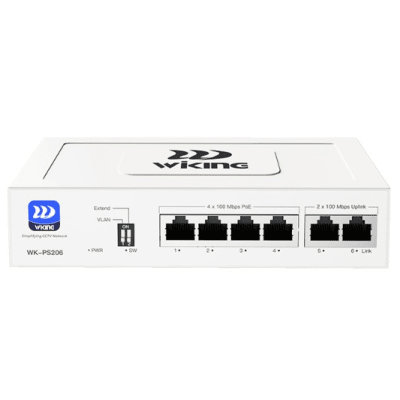 Switch PoE / Administración en la nube / Con 4 puertos 10/100 Mbsp PoE af/at / 2 Puertos Uplink 10/100 MBPS / Presupuesto 45 W / PoE hasta 250 metros | WK-PS206