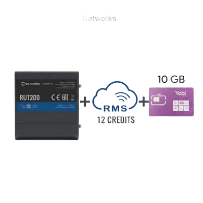 Router Teltonika LTE/4G RUT200 + 12 creditos RMS  + SIM de YOBI de 10GB por Mes durante un año de servicio (solo datos) | RUT200+1YRMS+10GBYOBI