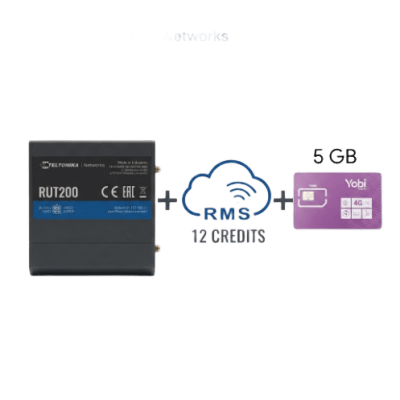 Router Teltonika LTE/4G RUT200 + 12 creditos RMS  + SIM de YOBI de 5GB por Mes durante un año de servicio (solo datos) | RUT200+1YRMS+5GBYOBI