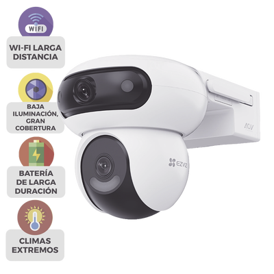 Kit Incluye Cámara Wi-Fi 6 + 4G LTE con Panel Solar / Doble Lente (4MP+4MP) / Visión Nocturna ColorFULL / Batería 10,400 mAh /  / IP65 Exterior / IA Detección Humana y Vehicular / Audio Bidireccional | CSHB90X/SP/4G/W