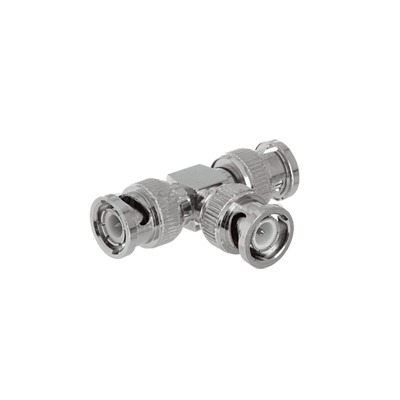 Adaptador de Triple conectores BNC macho para uso en sistemas de video vigilancia en aplicación con cables coaxiales RG-59/ RG-6, Níquel/ Oro/ Politetrafluoroetileno. | TT-RG-14