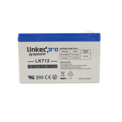 Batería 12 V / 7 Ah / UL / Tecnología AGM / Vida útil promedio 5 años / Uso en equipo electrónico, Alarmas de Intrusión / Incendio / Control de acceso / Video Vigilancia / Terminales F1 ( Incluye adaptador F2 ) | LK712