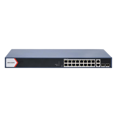Switch PoE+ / Administrable / 16 puertos 1000 Mbps PoE+ / 2 Puertos 1000 Mbps Uplink / 2 Puertos SFP de Uplink /  Configuración Nube Hik-Partner Pro / Modo Extendido hasta 300 metros / 230 W | DS-3E1520P-EI