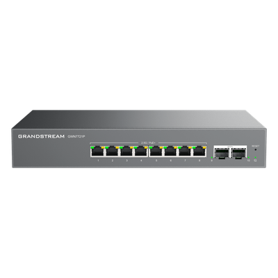 Switch L2 Lite Administrable de 10 Puertos / 8 Puertos Ethernet 2.5 Gigabits / 2 Puertos SFP+ 10 Gigabits / PoE+ 802.3af/at / VLAN 802.1Q / QoS / IGMP Snooping / Montaje en Escritorio o Pared | GWN7721P