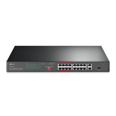 Switch PoE+ no Administrable 16 puertos 10/100 Mbps + 2 puertos 10/100/1000 Mbps + 1 puerto SFP, 8 puertos Extensor PoE (hasta 250 m), 150W, diseño para Vigilancia IP | TL-SL1218P