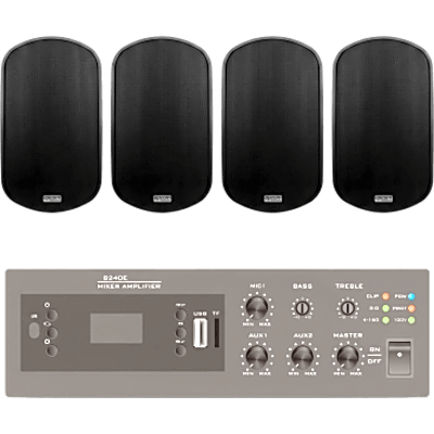 KIT de Amplificador de 240W para Escritorio | 4 Altavoces de Pared color Negro 3W - 50W | Sistema 70/100V | EPB240E/4WS50