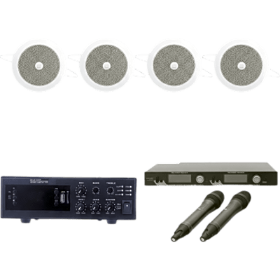 KIT Ideal para Salas de Conferencias | Amplificador de 120W EPB120E | 2 Micrófonos Inalámbricos SF521UH | 4 Altavoces de Plafón de 4" SF104GD | EPCONFERKITE