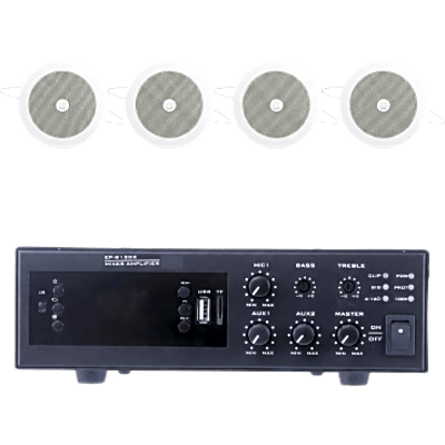 KIT de Amplificador de 120W para Escritorio | 4 Altavoces de Plafón de 4" | 3 - 6W | Sistema 70/100V | EPB120E/4CS