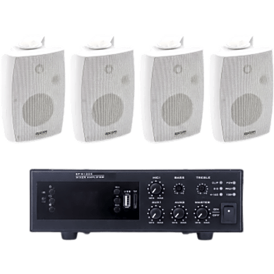 KIT de Amplificador de 120W para Escritorio | 4 Altavoces de Pared color Blanco 2.5W - 20W | Sistema 70/100V | EPB120E/4WSW