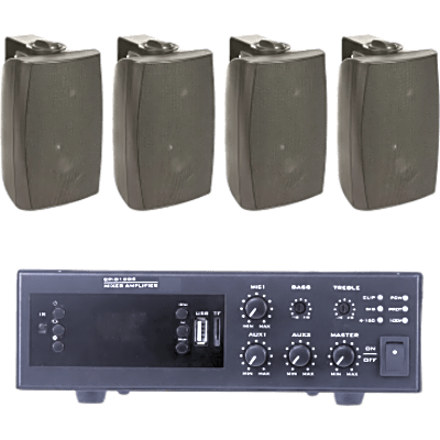 KIT de Amplificador de 120W para Escritorio | 4 Altavoces de Pared color Negro 2.5W - 20W | Sistema 70/100V | EPB120E/4WS