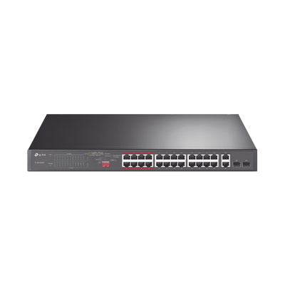 Switch No Administrable 24 Puertos PoE+ 10/100 Mbps / 2 Puertos 10/100/1000 Mbps + 2 Puertos SFP (combo) / Modo Prioridad de Tráfico / Modo Aislamiento de Red / Presupuesto PoE de 250 W / Diseño para Ideal para Vigilancia IP | TL-SL1226P
