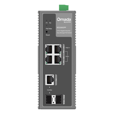 Switch Industrial Easy Managed / 6 Puertos Gigabit / 4 PoE (1× PoE++ 60W + 3× PoE+ 30W) / 120W PoE Budget / 2 SFP / IP40 / -40°C a 75°C / 6kV Protección Rayos / DIN-Rail | IES206GPP
