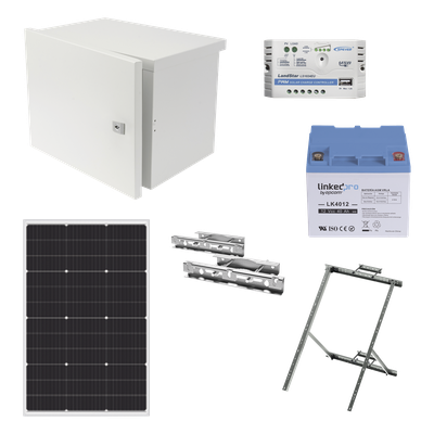 Kit de Alimentación PV para CCTV / 12 Vcc / 14 W Máx / Controlador PRO8512 / Incluye Panel, Batería, Controlador y Accesorios | KITPVCCTVSE