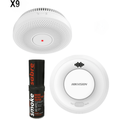 Kit de Detección de Humo HikFire / 9 Detectores Interlink HF-S3E-R + 1 Hub Wi-Fi HF-SG3-WF/R / Interconectable 30 Dispositivos / Hik-Connect / Probador SABRE Incluido / Batería 10 Años / Alarma 85 dB | HFS3ERKSABRE
