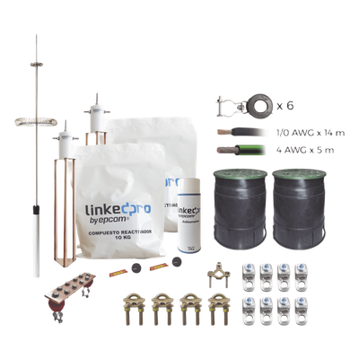 Kit de Protección Contra Rayos / Torre 9 m (29.5 ft) / Electrodo de Cobre Electrolítico / Pararrayos de Aluminio con Ionización / Filtro Equipotencial / Compuesto Reactivador | KLP-TZ09-PRO