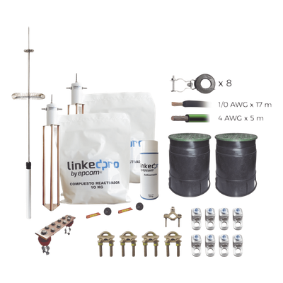 Kit de Protección Contra Rayos / Torre 12 m (39.4 ft) / Electrodo Cobre Delta / Pararrayos Aluminio Ionizado / Cable 1/0 AWG | KLP-TZ12-PRO