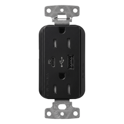 Receptáculo con USB / 15 A 125 V~ / Power Delivery 55 W / USB-A y USB-C / Tamper Resistant / Acabado Satinado Midnight | SCR15ACTRMN