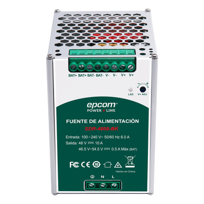 Fuente de Alimentación Industrial DIN Riel / 480 W / Salida 48 VCC 10 A / Eficiencia ≥93% / Carga de Batería / -20°C a 70°C | SDR4808BK
