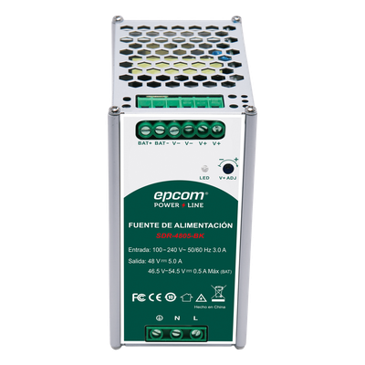 Fuente de Alimentación Industrial / Riel DIN / 48 VCC / 5 A / 240 W / Eficiencia ≥ 90% / -20 a 70 °C / Cargador de Batería Integrado | SDR4805BK