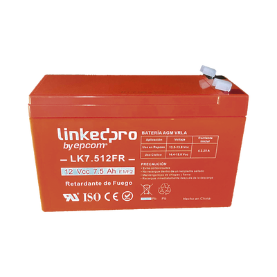 Batería 12 V / 7.5 Ah / UL / Tecnología AGM / Vida útil promedio de 5 años / Retardante a la Flama / Para equipo electrónico, Alarmas de Intrusión / Incendio/ Control de acceso / Video Vigilancia / Incluye adaptad | LK7.512FR