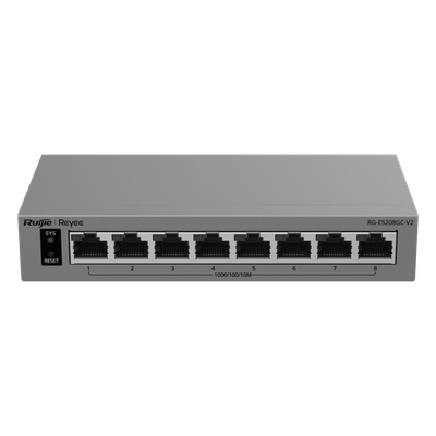 Switch Gigabit Smart Cloud-Managed / 8 Puertos 10/100/1000BASE-T / Capa 2 / Switching 16 Gbps / AI-Powered Failover / Modo CCTV Un-Click / Gestión Cloud / Fanless / Protección Surge 6 kV | RG-ES208GC-V2