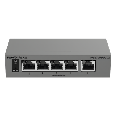 Switch Capa 2 Gestionado en la Nube / 5 Puertos Gigabit / Switching 10 Gbps / Forwarding 7.44 Mpps / Diseño sin Ventilador / Protección 6 kV / Modo CCTV de un Clic / 32 VLANs / Gabinete Metálico / Ruijie Cloud | RG-ES205GC-V2