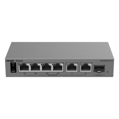 Switch Capa 2 Smart Cloud Managed / 7 Puertos Gigabit / 2 PoE++ 90 W + 2 PoE+ / Presupuesto PoE 120 W / 1 Puerto SFP 1GE / Protección 6 kV / Sin Ventilador | RG-ES207GS-HP