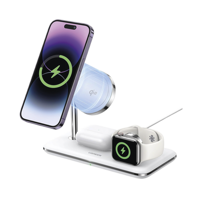 Cargador Inalámbrico MagSafe 3 en 1 | 25W | Certificación Oficial Qi2 | MFI | Perfecto para iPhone, AirPods y Apple Watch  | Carga Adaptativa /Simultanea | Luz Indicadora LED | Incluye Cable. | 90326
