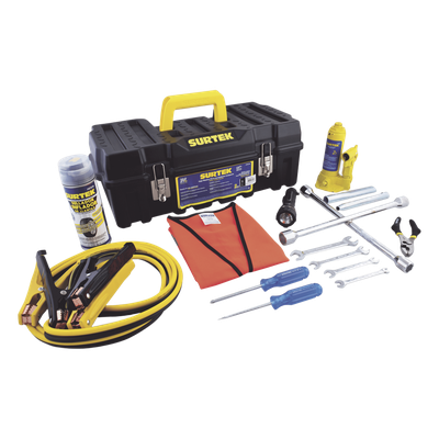 Juego de Herramientas Automotriz / 14 Piezas / Gato 2 Toneladas / Cables Pasacorriente 2.5 m (8.2 ft) / Llaves 8-15 mm / Poncholina 12 oz | SYS-JA14