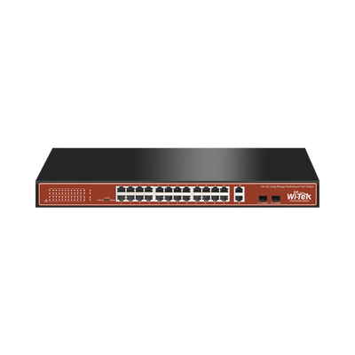 Switch PoE (802.3af/at/bt) / No administrable de largo alcance / Hasta 250m / Con 24 x 10/100Mbps + 2 x SFP Gigabit Combo / 250 W | WI-PS526G