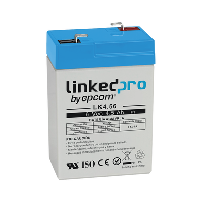 Batería 6 V / 4.5 Ah / UL / Tecnología AGM / Vida útil promedio 5 años / Para uso en equipo electrónico, Alarmas de Intrusión / Incendio/ Control de acceso / Video Vigilancia / Terminales F1 ( Incluye adaptador F2 | LK4.56