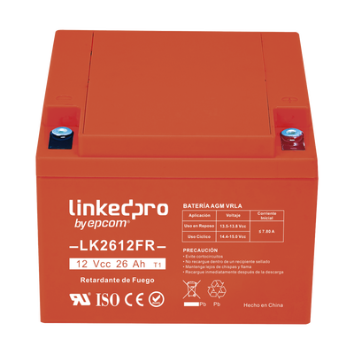 Batería 12 V / 26 Ah / UL / Tecnología AGM-VRLA / Vida útil promedio de 5 años / Retardante a la Flama / Para uso en equipo electrónico, Alarmas de Intrusión / Incendio/ Control de acceso / Video Vigilancia / Term | LK2612FR