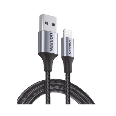 Cable USB-A a Lightning | 1 Metro (3.28 Pies) | Certificado MFi | Carga Rápida 5V/2.4 A | 480 Mbps | Conector C94 | Adecuado para iPhone, iPad y iPod | Protección Integrada | Caja de Aluminio | Nylon Trenzado | Color Negro | 60156