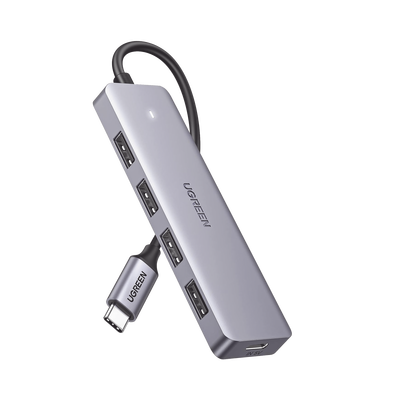 HUB USB-C 3.0 4 EN 1 | 4 Puertos USB-A (5Gbps) | Carcasa ABS + PC | Soporta OTG | Luz Indicadora LED | Compatible con iPhone 15 Pro MAX) | Interfaz Niquelada | Color Gris Metalizado | Cable de 15cm. | 70336