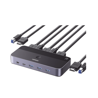 Conmutador KVM HDMI 4K | HDMI 2.0 | 2 Entradas 1 Salida | 4 Puertos USB 3.0 (3 USB-A *1 USB-C) | Soporta 4K@60Hz | HDR | Indicador Led | Compatible Win, MacOs y Linux | Carcasa de Aluminio. | 15707