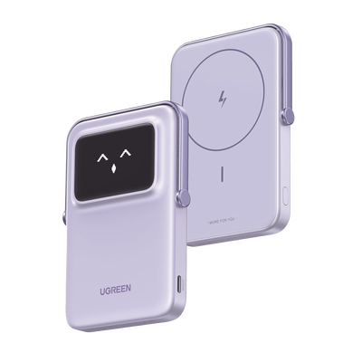 Power Bank Serie UNO Inalambrico | 10000mAh | 7.5W/20W  |  Con Emojis de Estado | Carga Rápida USB-C Bidireccional  | Pantalla TFT  Inteligente | Con Holder | Color Purple. | 45328