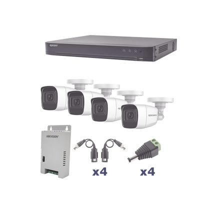 KIT TurboHD 1080p / DVR 4 Canales / 4 Cámaras Bala Policarbonato con Audio Integrado (exterior 2.8 mm) / Transceptores / Conectores / Fuente de Poder Profesional | KEVTX8T4BW/A