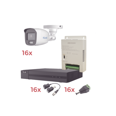 Kit TurboHD 1080p Lite / DVR 16 Canales / 16 Cámaras Bala Exterior ( 2.8mm) con ColorVu + Micrófono Integado / Transceptores / Conectores / Fuente de Poder Profesional | HL1080PL/16BCA