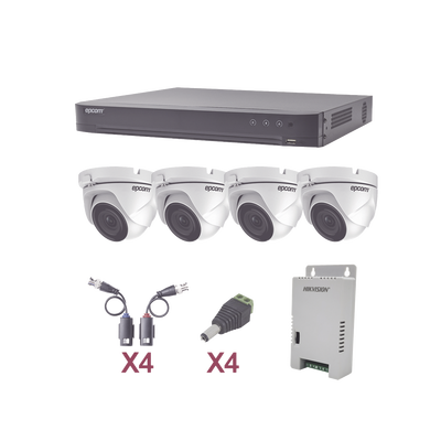 KIT TurboHD 1080p / DVR 4 Canales / 4 Cámaras Eyeball (exterior 2.8 mm) / Transceptores / Conectores / Fuente de Poder Profesional | KEVTX8T4EW