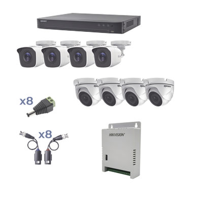 KIT TurboHD 1080p / DVR 8 Canales / 4 Cámaras Bala (exterior 2.8 mm) / 4 Cámaras Eyeball (exterior 2.8 mm) / Transceptores / Conectores / Fuente de Poder Profesional hasta 15 Vcc para Largas Distancias | KEVTX8T4BW/4EW