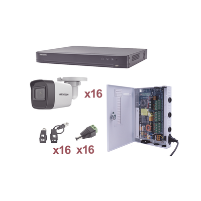 KIT TurboHD 1080p / DVR 16 Canales / 16 Cámaras Bala (exterior 2.8 mm) / Transceptores / Conectores / Fuente de Poder Profesional | KH1080P16BW