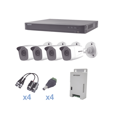 KIT TurboHD 1080p / DVR 4 Canales / 4 Cámaras Bala Metálicas (exterior 2.8 mm) / Transceptores / Conectores / Fuente de Poder Profesional | KEVTX8T4BW