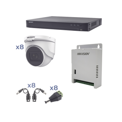Kit TURBOHD 1080p / DVR 8 Canales / 8 Cámaras Turret (exterior 2.8 mm) / Conectores / Transceptores / Fuente de Poder Profesional hasta 15 Vcc para Larga Distancia | KH1080P8DW