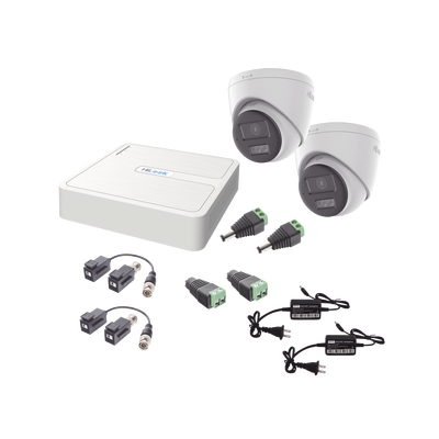 Kit HiLook Audio Bidireccional TurboHD 1080p / DVR 4 Canales / 2 Cámaras Turret (Exterior) con Bocina y Microfóno Integrado / 2 Fuentes de Poder / Accesorios | HL-1080P-2E-TWA