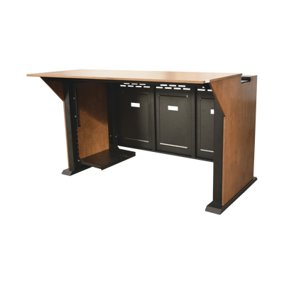 Consola Profesional para Monitoreo | Con Porta PC | Con Tomacorriente | Tapas Removibles | Color Negro y Nogal con Veta | Lamina de Acero Rolado Calibre 18 | Pintura en Polvo Electrostática. | EM-S01
